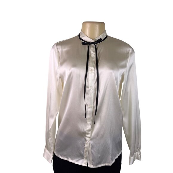 Lilysilk Womens White Long-Sleeve Button-Up Blouse Black Bow Detail Sz S - Picture 2 of 11